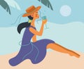 Young woman drinking wine or juice on the beach. A brunette in a hat is resting on the sea. Vector illustration of a Royalty Free Stock Photo