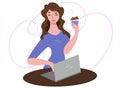 A young woman drinks a hot drink from a plastic cup while working. The girl pauses, recuperates during the break. Work