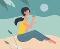 A young woman drinks wine on the beach. The brunette is resting on the beach. Vector illustration of a dark-haired girl Royalty Free Stock Photo