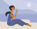 A young woman drinks wine by the sea. The brunette is resting on the beach. Vector illustration of a dark-haired girl Royalty Free Stock Photo