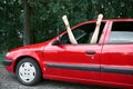 Young woman driver resting in a red car, put her feet on the car window, happy travel concept Royalty Free Stock Photo