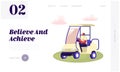 Young Woman Driving Cart on Golf Course Website Landing Page, Country Sports Club, Resort with Green Play Field, Summer Sport