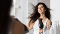 Young Woman Drying Hair Making Hairstyle Standing In Bathroom, Panorama Royalty Free Stock Photo