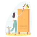 Young woman dusting with the help of cleaning sweep. Housework concept . Vector illustration for banners, posters