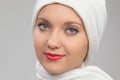 Young woman eastern type in the modern Muslim clothes and beautiful headdress Royalty Free Stock Photo