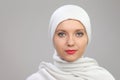 Young woman eastern type in the modern Muslim clothes and beautiful headdress Royalty Free Stock Photo