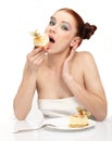 Young woman eat tasty cake Royalty Free Stock Photo