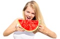 Young Woman eating big slice Watermelon Berry Royalty Free Stock Photo