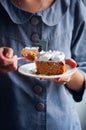 Young woman eating carrot cake Royalty Free Stock Photo