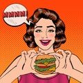 Young Woman Eating Hamburger. Woman Holding Burger. Pop Art