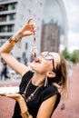 Woman with dutch herring Royalty Free Stock Photo