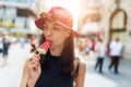 Young woman eating ice cream in the summer Royalty Free Stock Photo