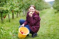 Young woman eating red apples in an orchard Royalty Free Stock Photo