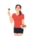 Young woman eating takoyaki. Flat vector illustration Royalty Free Stock Photo