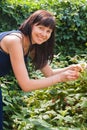 A young woman eats berries raspberry in a garden Royalty Free Stock Photo