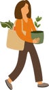 Young woman with eco bags walk hold flowerpot reusable illustration organic healthy zero waste grocery food