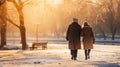 Young Woman With Elderly Grandmother In Park In Winter. Help For The Elderly During Winter