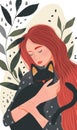 Young woman embraces her black cat. Vertical layout. Poster for animal shelters