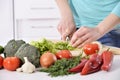 Woman cooking in new kitchen making healthy food with vegetables. Royalty Free Stock Photo