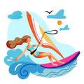 Young woman engaged in windsurfing in sea or ocean Royalty Free Stock Photo