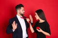 Young woman with engagement ring making marriage proposal to her boyfriend on  background Royalty Free Stock Photo