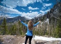 Young woman enjoying beautiful scenery on hiking trip. Royalty Free Stock Photo