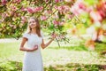 Young woman enjoying her walk in park during cherry blossom season on a nice spring day Royalty Free Stock Photo