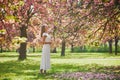 Young woman enjoying her walk in park during cherry blossom season on a nice spring day Royalty Free Stock Photo