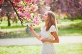 Young woman enjoying her walk in park during cherry blossom season on a nice spring day Royalty Free Stock Photo