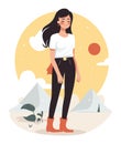 Young woman enjoying a sunny day, standing peacefully in nature. Female with black hair, white shirt, black pants, and