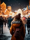 Young woman Enjoying of a traditional Christmas Market and a charming winter holidays