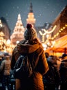 Young woman Enjoying of a traditional Christmas Market and a charming winter holidays