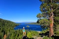 Young woman enjoying the view of Emerald Bay at Lake Tahoe, Cali Royalty Free Stock Photo