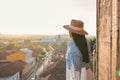 Young woman enjoying a view of the skyline of Granada in Nicaragua during sunset Royalty Free Stock Photo