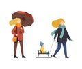 Young Woman Enjoying Winter and Autumn Walking with Umbrella and Pulling Sledge with Kid Vector Set