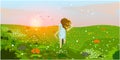 Young woman enjoys beautiful nature. A running girl with dandelions in her hands runs through a flower field. Tranquil landscape Royalty Free Stock Photo