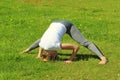 Young woman of European appearance does yoga in summer nature Royalty Free Stock Photo