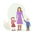 A young woman of European appearance with two children. The son and daughter hold the mother`s hand. The concept of motherhood and