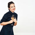 Young woman in evening black dress hold wine glass. female mode Royalty Free Stock Photo