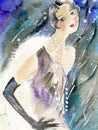 Young woman in evening dress and the snow