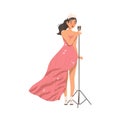 Young Woman in Evening Gown on Stage with Microphone Karaoke Singing Vector Illustration Royalty Free Stock Photo