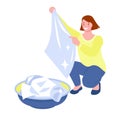 A young woman examines a clean wash. Things sparkle with cleanliness. Clean laundry in the pelvis . Vector illustration in flat