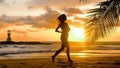 Young woman exercising running barefoot on sea beach with sunset ocean background. Female athlete silhouette cardio Royalty Free Stock Photo