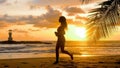 Young woman exercising running barefoot on sea beach with sunset ocean background. Summer seascape, healthy active Royalty Free Stock Photo