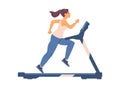 Young woman exercising on treadmill, flat cartoon vector illustration isolated. Royalty Free Stock Photo