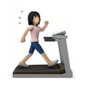 A young woman exercising on a treadmill. white background.