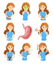 Young Woman Experiencing Pain in Stomach Vector Illustration Set