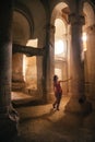 Young woman explore ancient cave church in Cappadocia Royalty Free Stock Photo