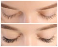 Young woman before and after eyelash extension procedure