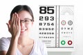 Young woman on eyesight test chart background. Eyesight and eye Royalty Free Stock Photo